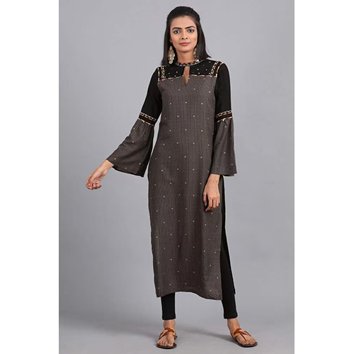 W Grey Choker Neck Printed Kurta