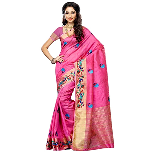 Pink Tassar Silk Saree With Hand Embroidery