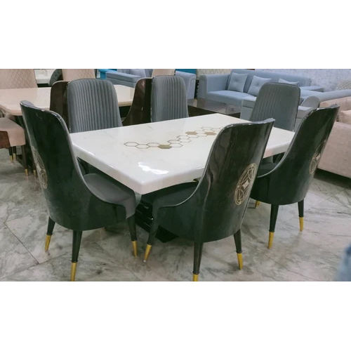 6 Seater Wooden Marble Dining Table Set