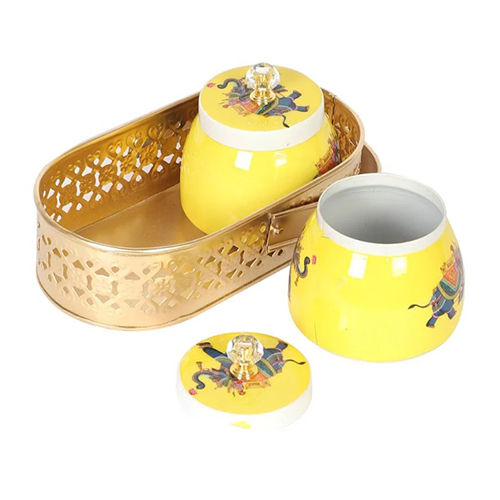 Metal Mina Sticker Pichwai Dry Fruit Tray with Jar Set Of 2 With Gold Tray