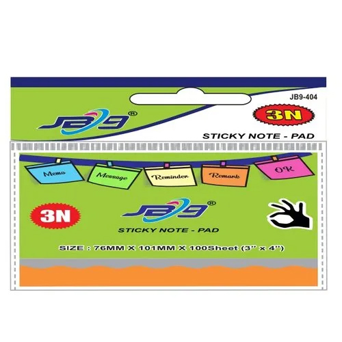 JB9-404 3x4 Neon Sticky Note Pad - Paper Material, 76x101mm Size , Rectangular Shape, Easy-Remove Sticky Feature, Bright Neon Colors