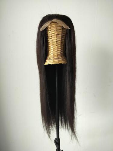 Women 28" Raw Indian Natural Black Straight Human Hair Closure Wig