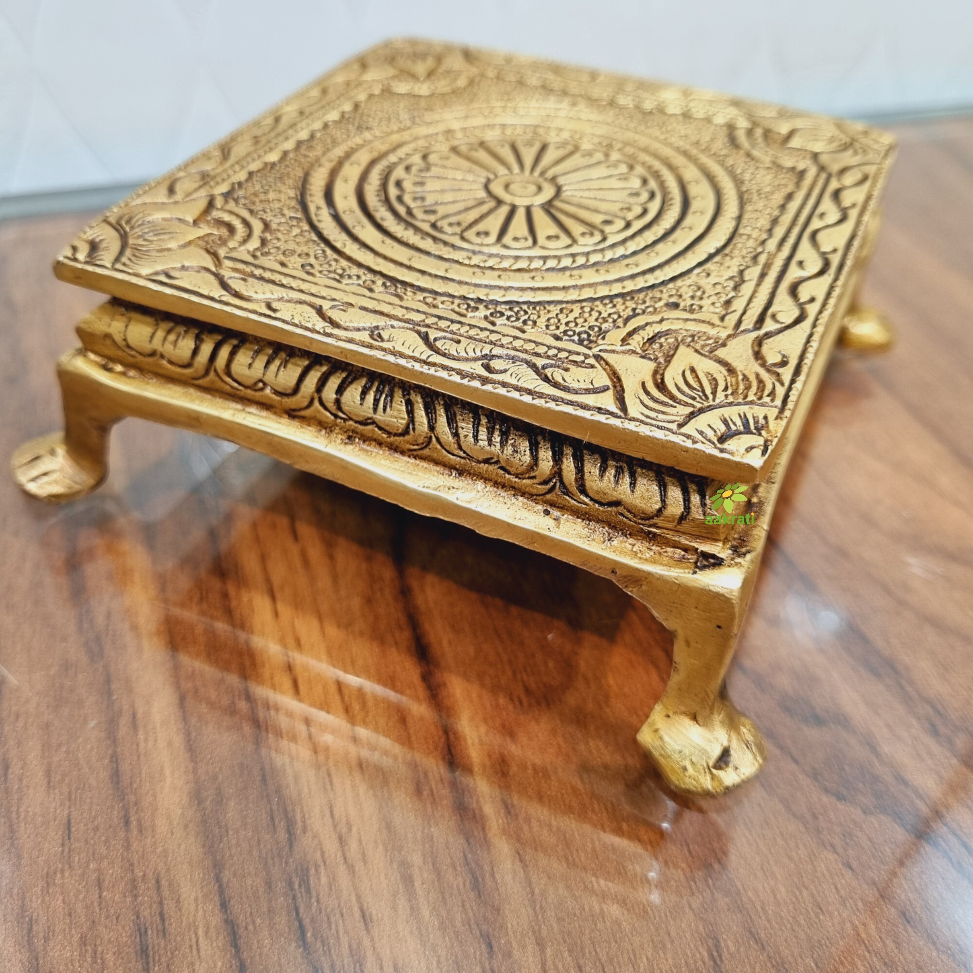 Aakrati Handcrafted Brass Pooja Chowki| Small Brass Table to Put Pooja Items| Puja Essentials