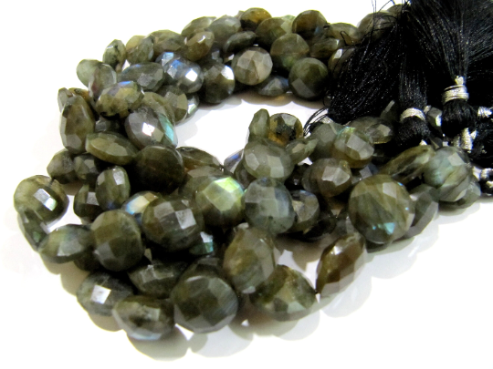 Natural Labradorite Coin Shape 10-18mm Beads Strands 8.5 inch Long