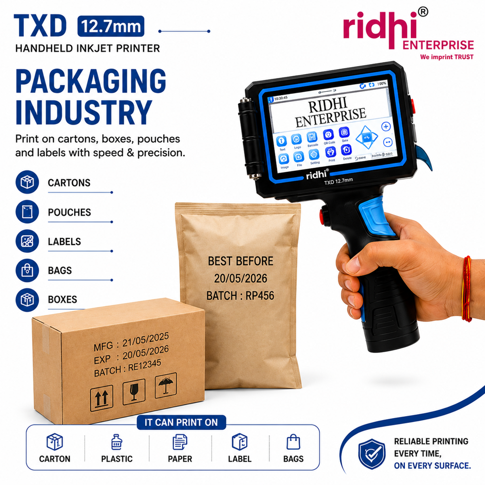 RIDHI Industrial Inkjet Printer - Inkjet Printing on Cardboard, Plastic, Metal | 12.7mm Print Size, 600 dpi Quality, 1-Year Warranty, 1.5 kg Weight