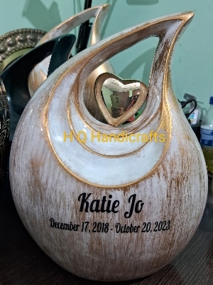 Aluminium Teardrop Fire Printed Urn - Color: White And Golden Antique