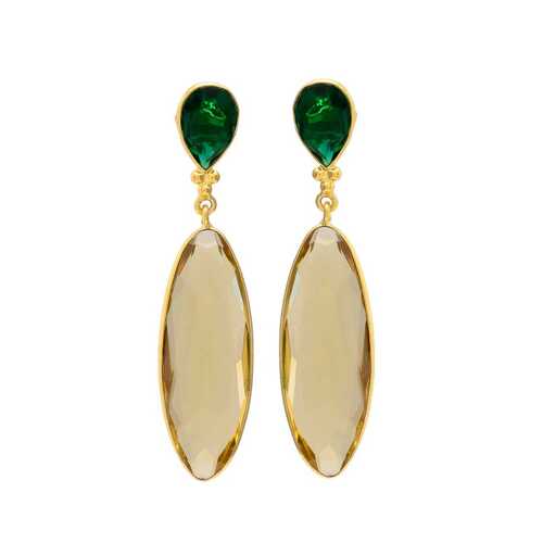 Golden rutile hydro and emerald gemstone earrings set