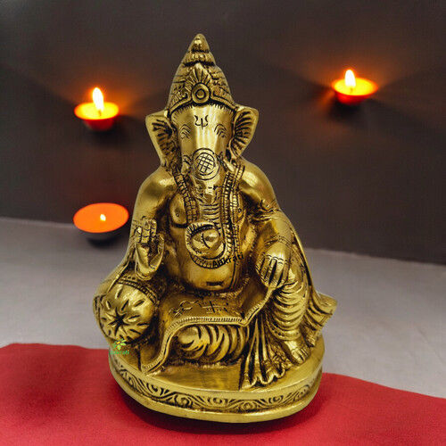 Aakrati Brass Lord Ganesha Statue in Sitting Position| Handcrafted Decorative Statue| Temple Dcor (Yellow,6