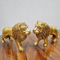 A Pair of Brass Lion Statues Made By Aakrati| Collectable Figurine| Showpieces| Decorative Items (Yellow,3