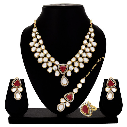 Tri-Luminous Kundan Choker Necklace Set - Color: Maroon