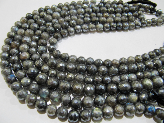 Natural Labradorite AB Silver Coated Round Faceted 8 to10mm Beads Strands 8''Long