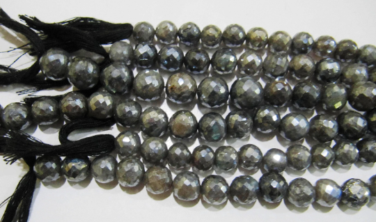 Natural Labradorite AB Silver Coated Round Faceted 8 to10mm Beads Strands 8''Long