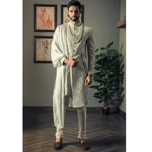 Mint Green Velvet Bead Embroidered Ethnic Sherwani