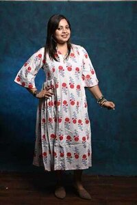 Cotton Printed Dress - 100% Cotton, Customized Size, Ivory White | Full Sleeves, Versatile Design, Easy Care, Perfect For Summer Outings