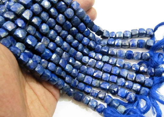 Natural Lapis lazuli Cube beads 3D Box shape Faceted 8 to 9mm Strand 8''Long