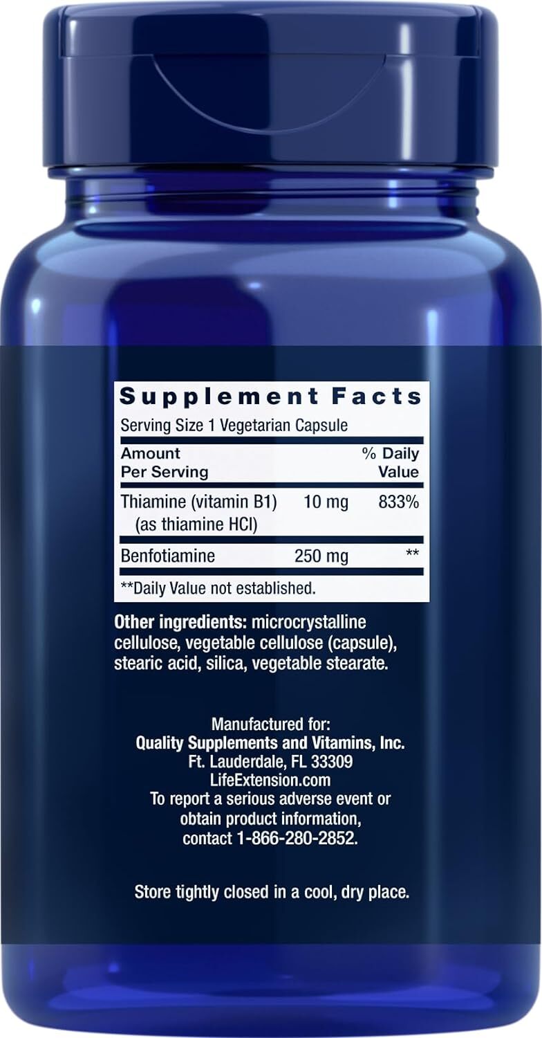 Life Extension Mega Benfotiamine, 250 mg, 180 Veg caps with Thiamine - Vitamin B1 Supplement