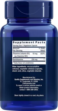 Life Extension Mega Benfotiamine, 250 mg, 180 Veg caps with Thiamine - Vitamin B1 Supplement