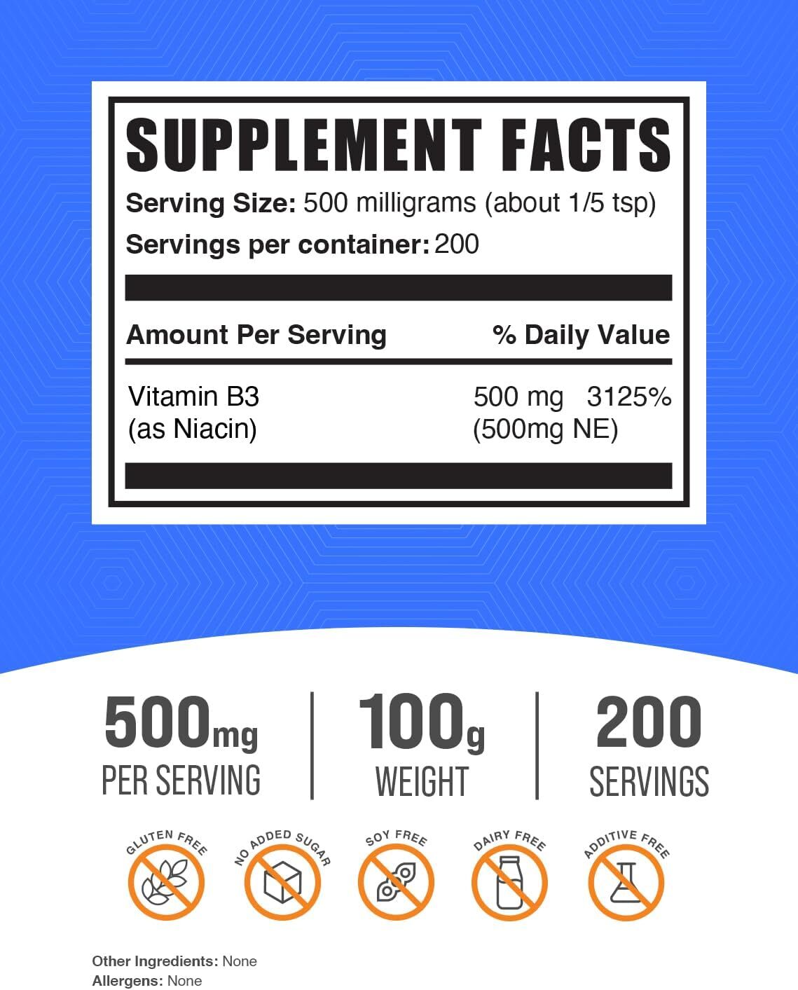 BulkSupplements.com Niacin Powder - Vitamin B3 Supplement, Niacin 500mg - Niacin Flush, Niacin with Flushing , 100g