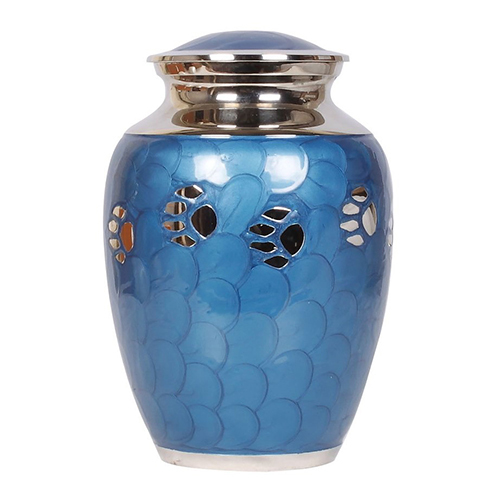Blue Enameled Brass Pet Cremation Urn For Ashes