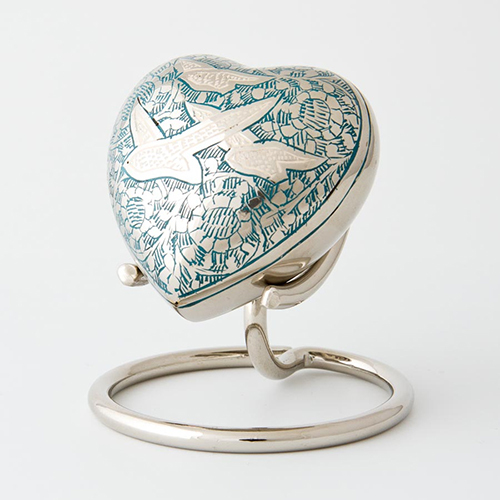 Birds in Flight Brass Heart Keepsake Memorial Urn for Ashes with Stand