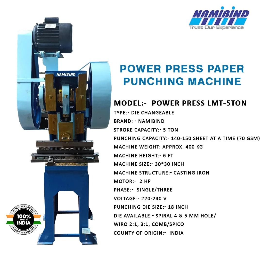 Namibind Die Changeable Power Press Punching Machine 5 Ton Capacity, 140-150 Sheets Per Punch