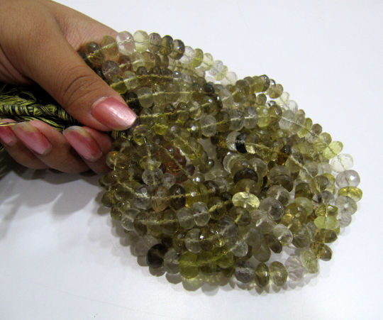 Natural Bio Lemon Quartz Rondelle Faceted Beads 8-10mm String 10''Long