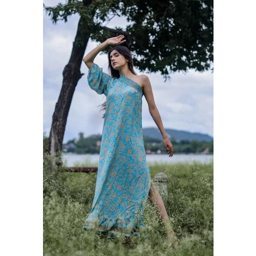 Ladies Silk Boho Dress - High-Quality Silk Washable Fabric Elegant Blue and Golden Print for Summer Occasions