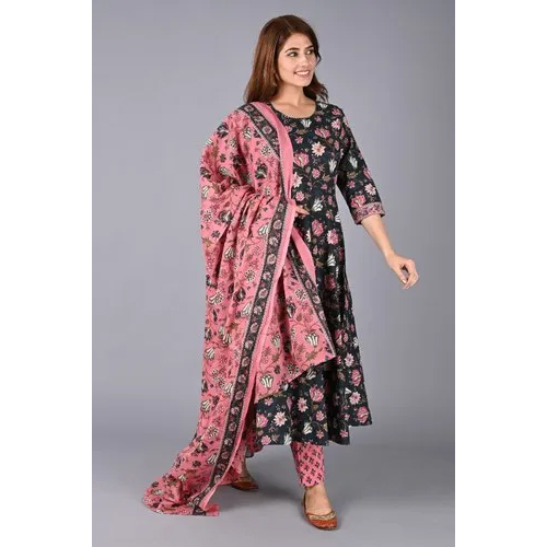 Ladies Bagru Printed Suit - Cotton, Size L | Pink and Black, 3/4 Sleeve, Washable, Summer Casual