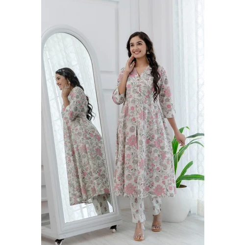 Ladies Anarkali Suit - High-quality Cotton, Casual Dress Type In Elegant Ivory White | Short Sleeves, Washable, Perfect For Summer Outings