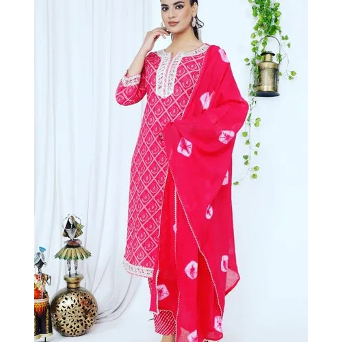 Ladies Bandhani Cotton Suit - Color: Pink