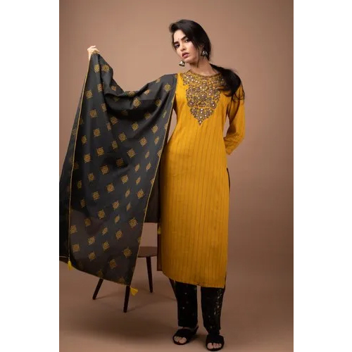Ladies Designer Suit With Palazzo Set - Color: Mustard
