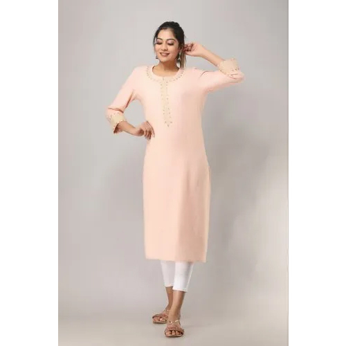 Ladies Cotton Hand Embroidery Kurti - Color: Peach