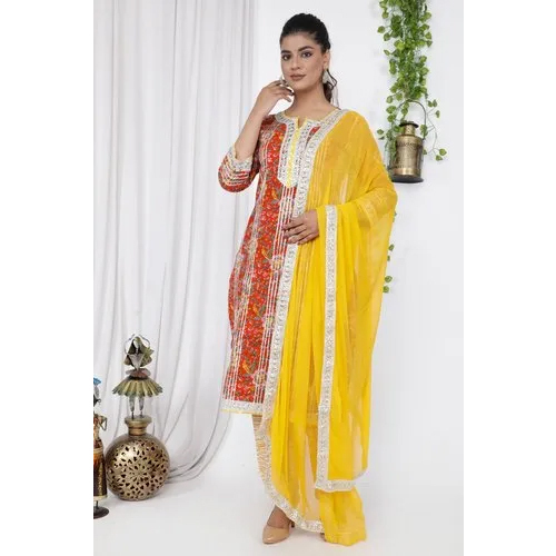Ladies Designer Kurti Set - Cotton, Size L, Red and Yellow | Quick-Dry, Washable, Long Sleeves, Party Wear, Warranty Included