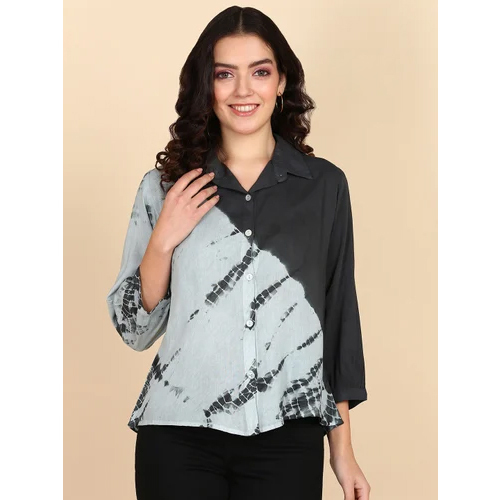Ladies Cotton Shirt Top - Grey and White Printed Pattern, Medium Size for Summer Casual Wear