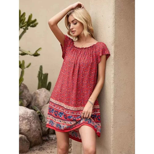 Ladies Printed Cotton Top - Color: Red
