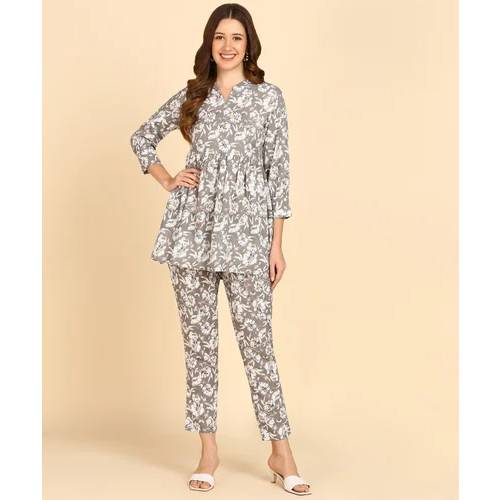 Ladies Cotton Co-Ord Sets - High-Quality Cotton, Size M , Grey and White Printed Full Sleeve Top with Matching Shorts for Casual Summer Outings