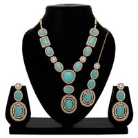 Royal Floral Square Kundan Mehandi Plated Choker Necklace Set - Alloy, 23.5 Cm Length, Sky Blue | Includes Choker, Earrings, Maangtikka & Adjustable Finger Ring, Perfect For Weddings & Parties