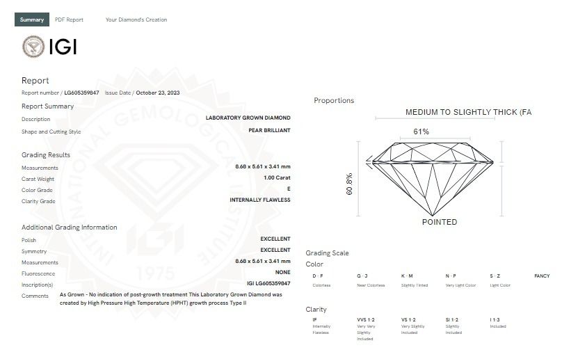 PEAR 1ct E IF IGI 605359847 Lab Grown Diamond