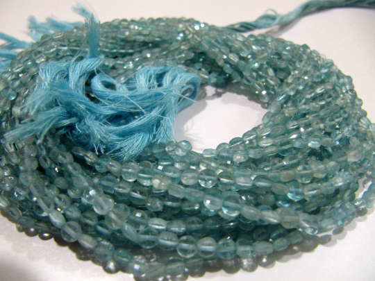 Natural Blue Apatite Faceted Coin shape 4mm Beads Strand 13 Inches Long