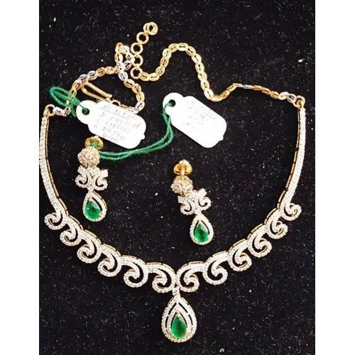 Diamond Studded Necklace Set With Emerald Drops