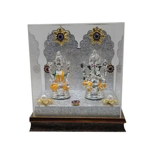 Glass Framed Laxmi Ganesh Gift Set - Color: Silver And Orange