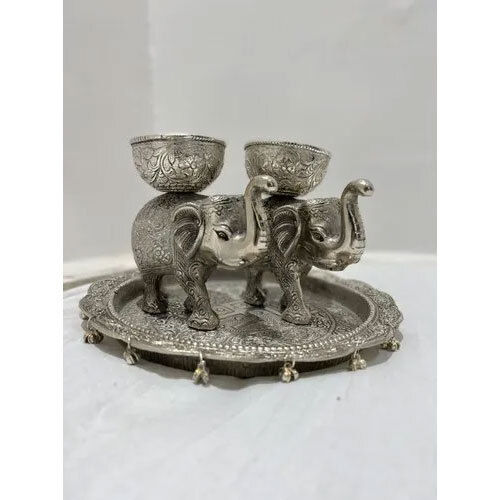 Antique Silver Plated Elephant Bowl Set With Tray - Material: Metal