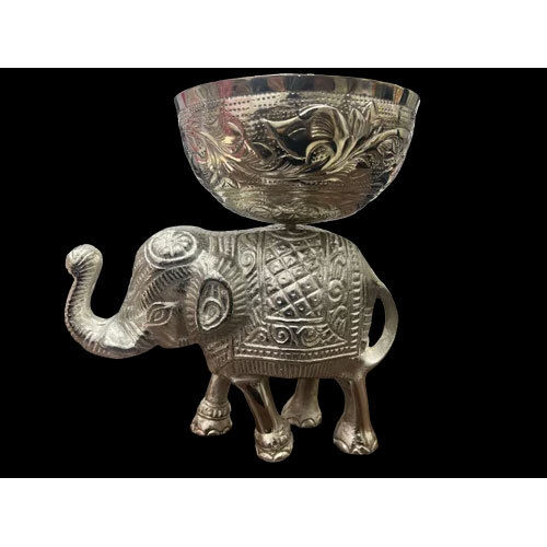 Metal Elephant Statue with Bowl