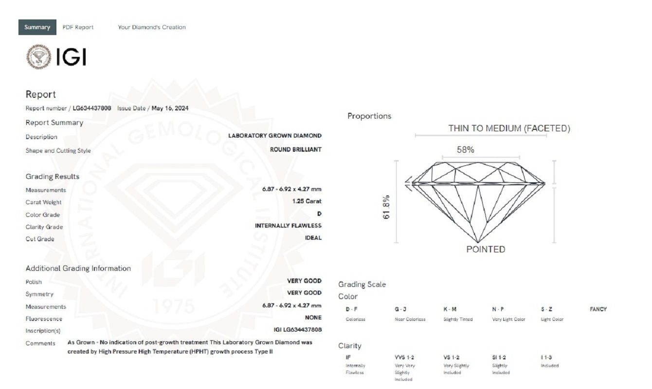 ROUND 1.25ct D IF IGI 634437808 Lab Grown Diamond