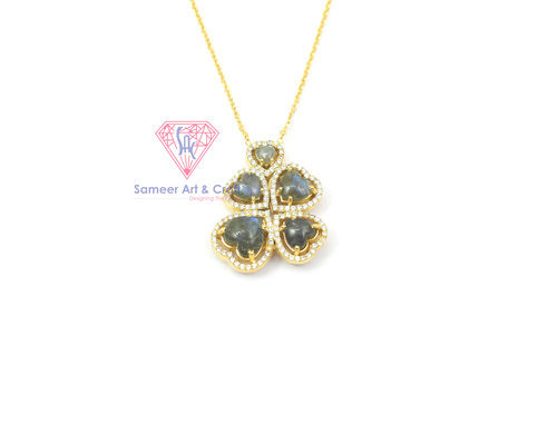 Labradorite Gemstone With Cubic Zircon Gold Plated Flower Design Necklace