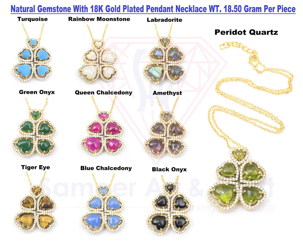 Natural Gemstone With Cubic Zircon Gold Plated Flower Design Pendant Necklace