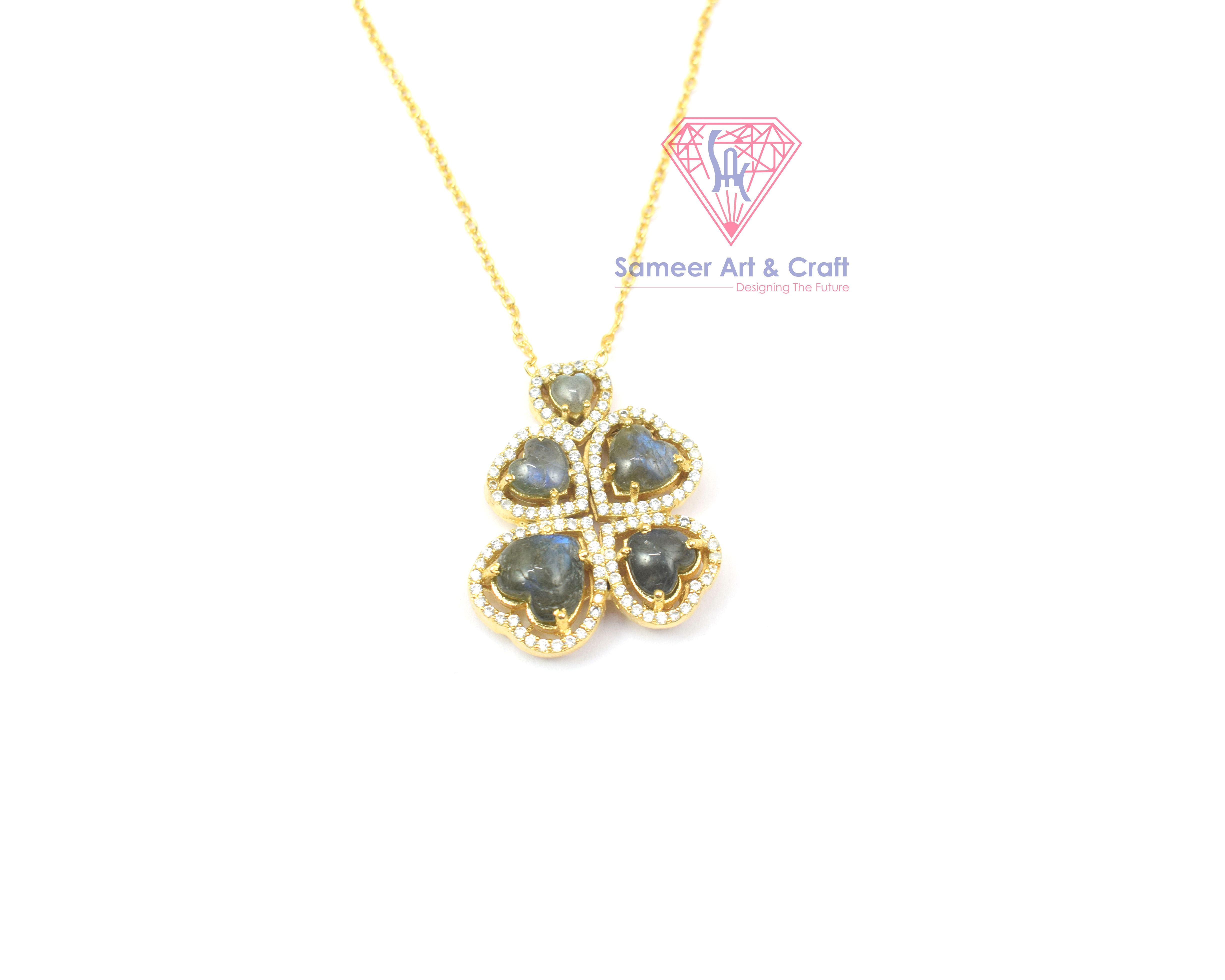 Labradorite Gemstone With Cubic Zircon Gold Plated Flower Design Necklace