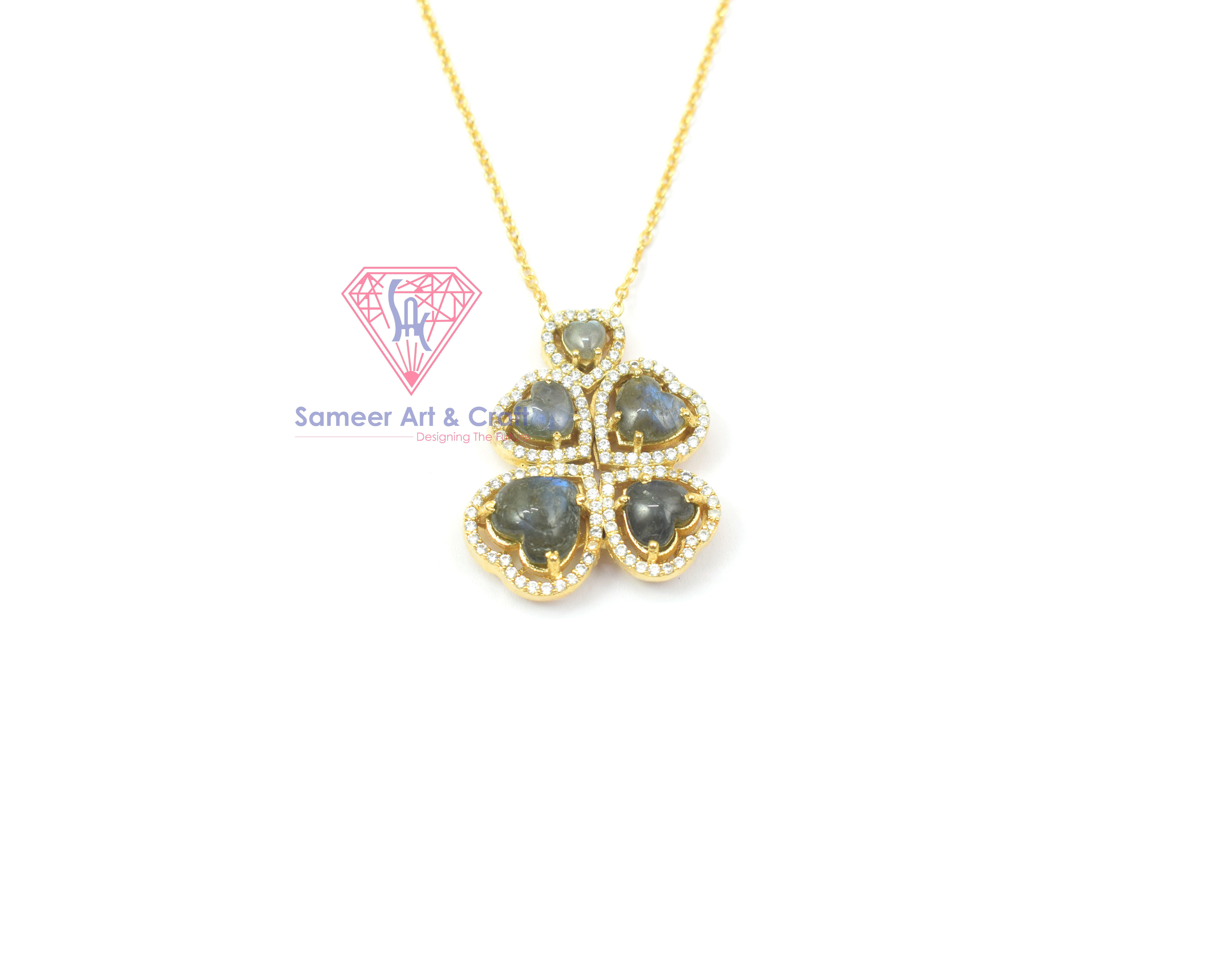 Labradorite Gemstone With Cubic Zircon Gold Plated Flower Design Necklace