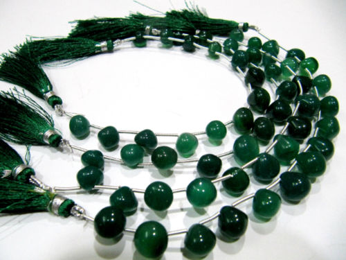 Natural Green Onyx Onion Shape Plain 9 - 10mm Beads Strand 8 Inches Long