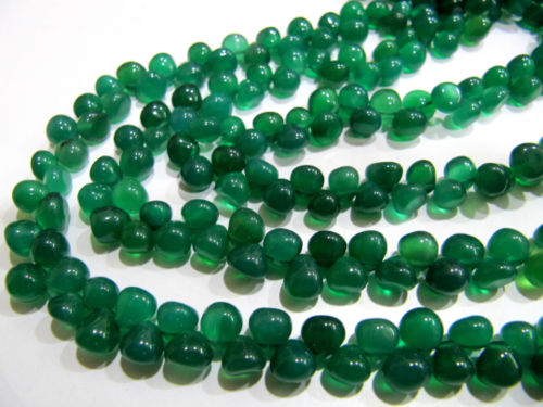 Natural Green Onyx Onion Shape Plain 6 to 8mm Beads Strand 8 Inches Long